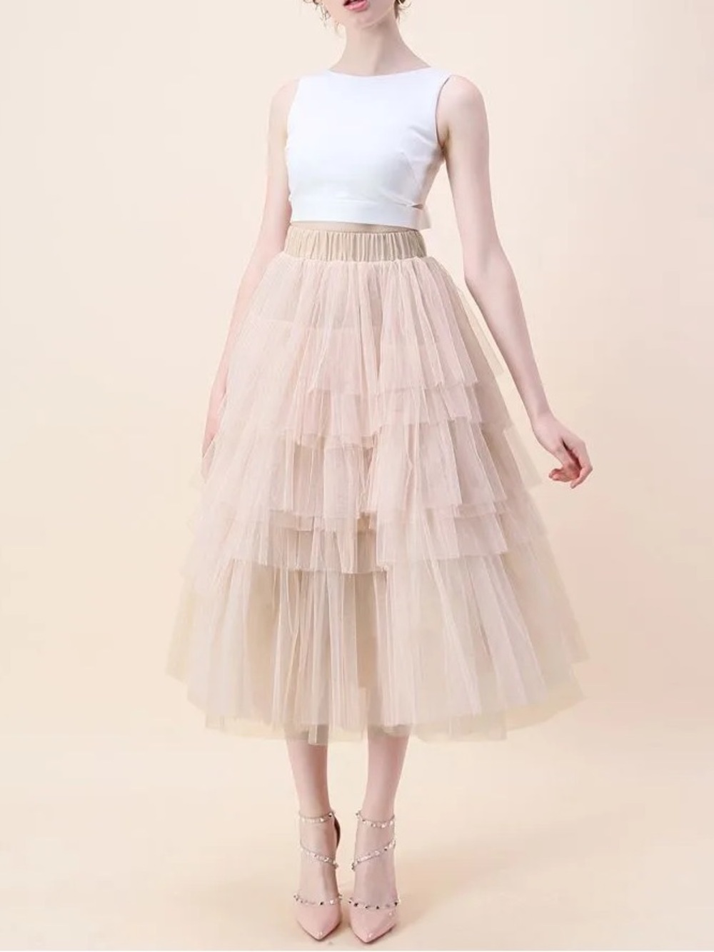 Chicwish Love Me More Tiered Layered Ruffle Tulle Ballerina Skirt Nude Pink XS/S